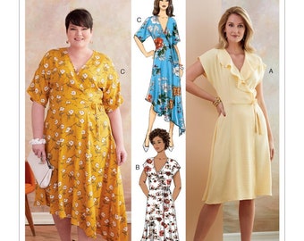 Butterick B6675 Sewing Pattern, Misses' & Women's Plus Size Easy to Sew Wrap Dress with Tie Closure, Dress with Sleeve and Hem Variations