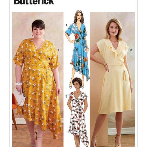 Butterick B6675 Sewing Pattern, Misses' & Women's Plus Size Easy to Sew Wrap Dress with Tie Closure, Dress with Sleeve and Hem Variations