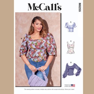 McCall&#39;s M8255 Sewing Pattern for Misses&#39; and Plus Size Tops with Sleeve Variations, Women&#39;s Scoop Neck Blouse with Shaped Hem & Back Zipper