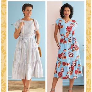 Butterick 6722 Sewing Pattern, Misses & Plus Size Easy to Sew Loose Fitting Multi-Tier Dress, Casual Dress has Cap Sleeves and Elastic Waist