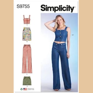 Simplicity S9755 Sewing Pattern for Misses Sleeveless Front Button Crop Top, Pants, Skirt and Shorts, Summer Mix and Match Wardrobe