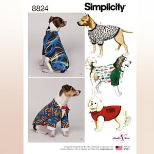May include: Simplicity pattern 8824 for dog clothing. The envelope displays illustrations and photographs of dogs wearing various shirts and coats, including a blue comic book print, a leopard print, a holiday tree pattern, and a red quilted vest.