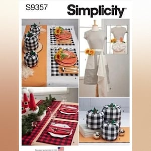 May include: A Simplicity sewing pattern, S9357, for creating a range of home decor items, including table runners, placemats, and pumpkin-shaped decorations. The pattern includes instructions for making a black and white checked table runner, a red and black checked table runner, and a set of three pumpkins using black and white checked fabric.