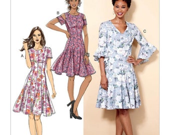 Butterick B6514 Sewing Pattern, Misses, Petite and Plus Size Flared Panel Dresses, Women's Dresses with Sleeve and Neckline Options