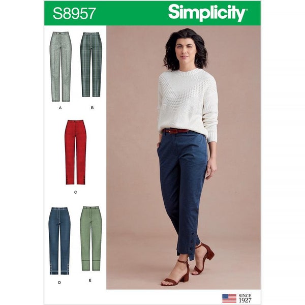 Simplicity S8957 Sewing Pattern, Misses & Plus Size Slim Leg Pants, Casual Close Fitting  Pants with Pockets and  Lower Leg Variations.