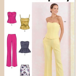 May include: Simplicity sewing pattern S9927 for a strapless top and pants. The pattern includes five different views: a pink top, a gold top, a gray top, pink pants, and a floral skirt.
