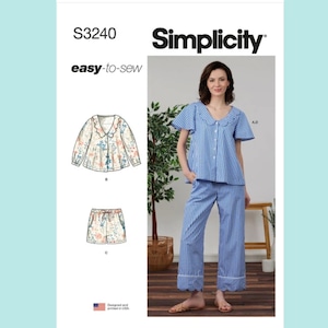 May include: Simplicity sewing pattern S3240. The image shows a woman wearing blue and white gingham pajamas. The pattern includes a long-sleeved floral top and shorts, as well as a short-sleeved top and pants. The text "easy-to-sew" is visible.