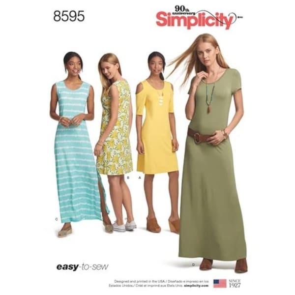 Simplicity S8595 Sewing Pattern, Misses or Plus Size Easy to Sew Pull-Over Knit Dress, Easy Sew Summer Maxi Dress, Cold Shoulder Dress