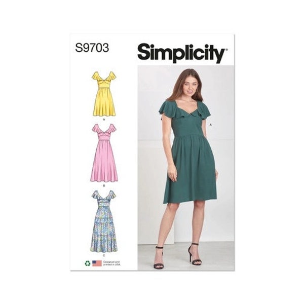 Simplicity S9703 Sewing Pattern for Misses' Dresses, V- Neckline Dresses in Three Lengths, Sleeveless Dresses with Neckline Flounce