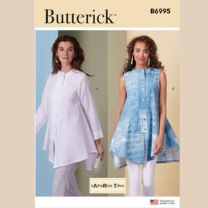 May include: A sewing pattern for a loose-fitting, button-front top with a high, round neckline. The pattern includes two variations: a long-sleeved version and a sleeveless version. The pattern is by Butterick and has the number B6995.