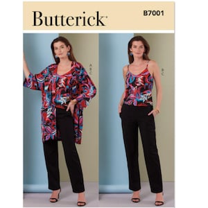 May include: A sewing pattern for a women's top and pants. The top is a sleeveless tank top with a floral print. The pants are black and have a straight leg. The pattern is from Butterick and the pattern number is B7001.