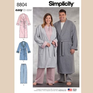 May include: Simplicity pattern 8804 easy-to-sew robe and pajama pants. The pattern shows a light gray robe with pink patterned lapels and matching pants, and a solid dark gray robe with matching pants. Includes illustrations of three variations.