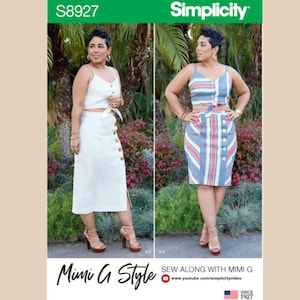May include: A sewing pattern for a two-piece outfit, featuring a crop top and a skirt. The pattern is from Simplicity and is designed by Mimi G Style. The pattern number is S8927. The model is wearing a white top and skirt, and a blue and white striped top and skirt.