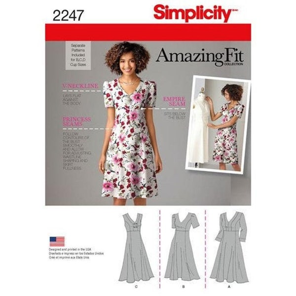 Misses/Plus Size V-Neck Empire Waist Fit and Flare Dress, Misses/Plus Amazing Fit Dress with Sleeve options, Simplicity S2247 Sewing Pattern