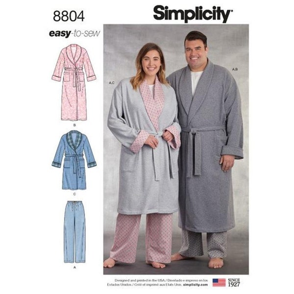 Simplicity S8804 Sewing Pattern, Misses/Men's and Plus Size Easy to Sew Robes and Pull-On Pants, Robes in Two Lengths with Self-Tie  Belt