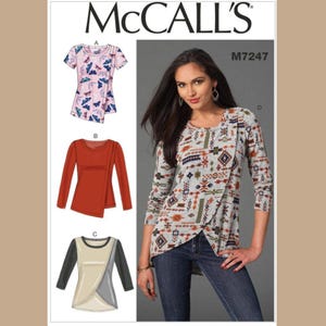 McCalls M7247 Sewing Pattern, Misses and Plus Size Knit Pullover T-Shirt Tops, Women's Shaped Hem Knit Pullover Tops
