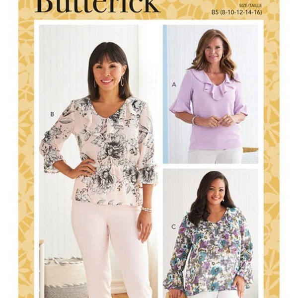 Butterick B6814 Sewing Pattern,  Misses' & Women's  Plus Size Easy to Sew Pullover Tops,  Tops with Neck Ruffles and Sleeve Variations