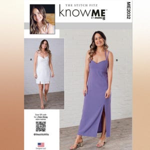 Know Me ME2032 Sewing Pattern for Misses Lined Sleeveless Dresses with Low Neckline and Deep V- Back in Two Lengths, Dress with Front Slits