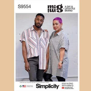 May include: Simplicity sewing pattern featuring two people wearing striped shirts. The pattern includes the text "S9554", "miG", "A DIY & LIFESTYLE BRAND", and "Simplicity". The pattern is designed and printed in the USA.