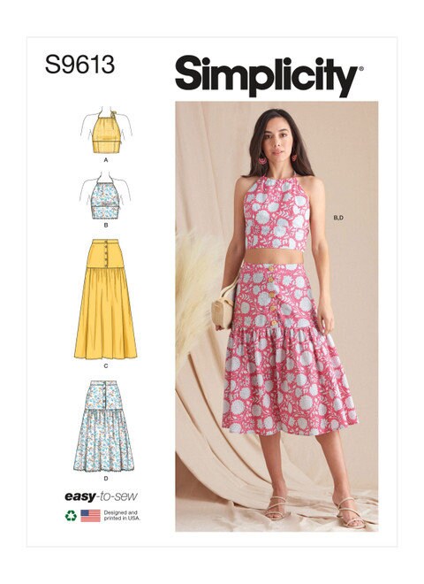 Simplicity S9613 Sewing Pattern, Misses and Womens Easy to Sew Cropped Halter Top and Fitted Tiered Waist Skirt Set, Summer Outfit
