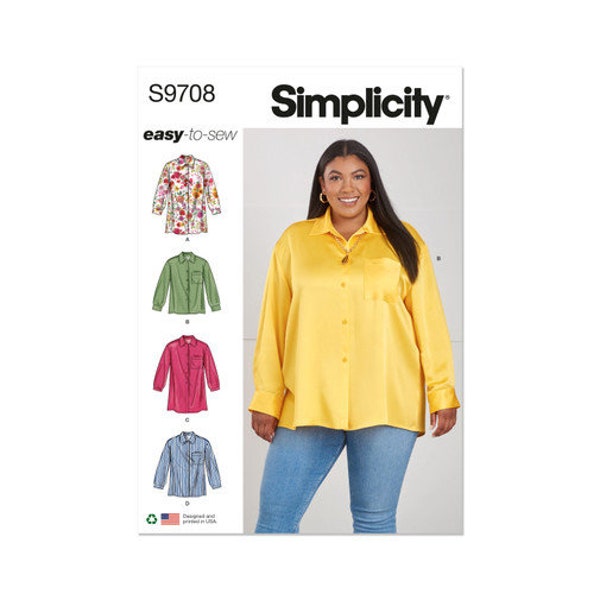 Simplicity  S9708 Sewing Pattern, Women's Plus Size Easy Sew Loose Fitting Shirt, Front Button Relaxed Fit Blouse with Collar