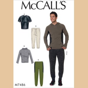 May include: McCall's sewing pattern featuring a man in a hooded sweatshirt and sweatpants. The pattern includes options for a short-sleeved shirt, a long-sleeved shirt, and two styles of sweatpants. The pattern number is M7486.