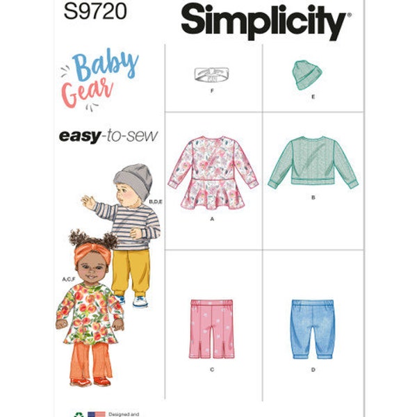 Simplicity S9720 Sewing Pattern, Infant and Toddler Easy to Sew Knit Dress, Top, Pants, Hat and Headband in Sizes S-M-L-XL