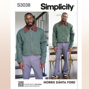 May include: A Simplicity S3038 sewing pattern envelope featuring a Norris Danta Ford design. The image displays a cropped green jacket with a brown collar and a gold zipper, paired with light purple trousers and sneakers, including a QR code.