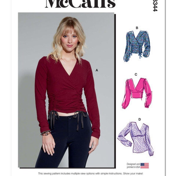 McCall's M8344 Sewing Pattern for Misses' Easy Sew Crossover Knit Top, Pullover Cropped or Hip Length Surplice Tops