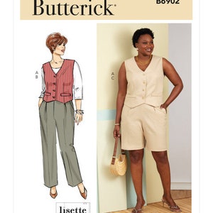 May include: A sewing pattern for a sleeveless vest with a V-neckline and button closure. The pattern is from Butterick and has the number B6902. The pattern includes two different styles of vests, one with a striped design and the other with a solid color.