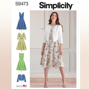 May include: Simplicity pattern S9473 features a woman wearing a floral print dress and a white bolero jacket. The pattern includes illustrations of various dress styles, including a blue polka dot dress, a yellow floral dress, a green dress, and a blue jacket.