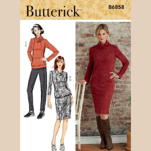 May include: Sewing pattern for a dress and a top with a cowl neck. The dress is red and the top is orange. The pattern is from Butterick and the pattern number is B6858.