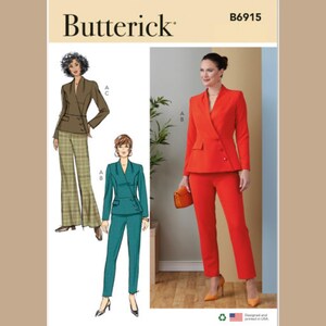May include: A sewing pattern for a blazer and pants. The pattern is for sizes A, B, and C. The pattern is from Butterick and the pattern number is B6915.