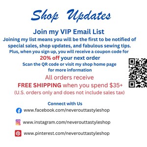 K&ouml;nnte beinhalten: Wei&szlig;er Hintergrund mit blauem Text, der "Shop Updates" und "Join my VIP Email List" anzeigt. Enth&auml;lt einen QR-Code und Social-Media-Links f&uuml;r Facebook, Instagram und Pinterest. Bietet 20% Rabatt auf die n&auml;chste Bestellung.