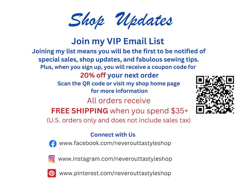 K&ouml;nnte beinhalten: Wei&szlig;er Hintergrund mit blauem Text, der "Shop Updates" und "Join my VIP Email List" anzeigt. Enth&auml;lt einen QR-Code und Social-Media-Links f&uuml;r Facebook, Instagram und Pinterest. Bietet 20% Rabatt auf die n&auml;chste Bestellung.