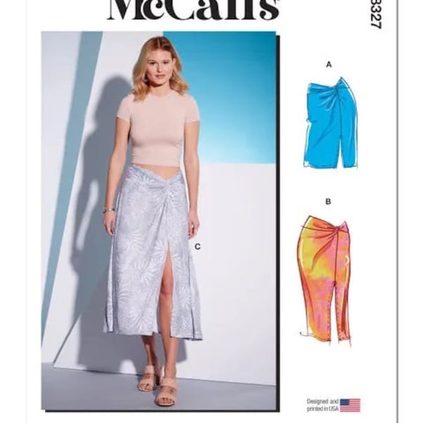 McCall's M8327 Sewing Pattern, Misses & Plus Size Knit Twist Knot Skirt, Summer Skirt, Beach Coverup Skirt with Front Slit in Three Lengths