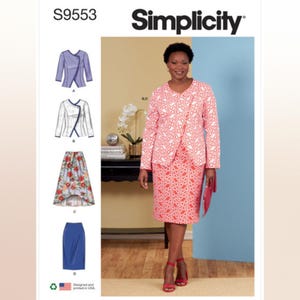 May include: Simplicity sewing pattern S9553 for a jacket and skirt. The pattern shows a woman wearing a pink and white patterned jacket and skirt. The pattern also shows a purple jacket, a white jacket, a floral skirt, and a blue skirt.