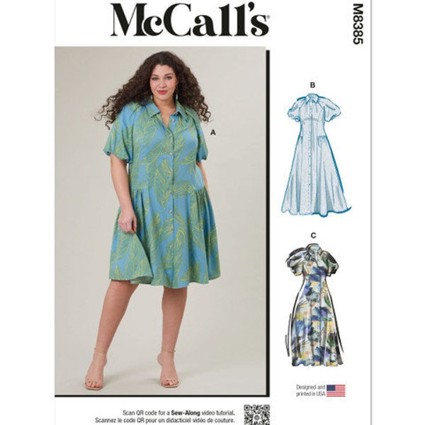 Sewing Pattern for Women's Shirtdress in Two Lengths with Puffed Sleeves, McCall’s Pattern M8385, Dress with Collar