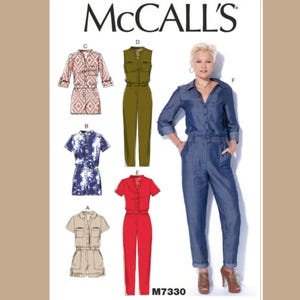May include: McCall's sewing pattern M7330 featuring various jumpsuit designs. The pattern includes options for a romper, a sleeveless jumpsuit, and jumpsuits in red, olive green, and denim. The image shows a woman wearing a denim jumpsuit.