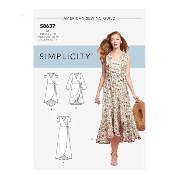 Simplicity S8637 Sewing Pattern, Misses & Plus Size Wrap Dress with Side Tie , High Low Dress with Sleeve and Hem Variations, Casual Dresses