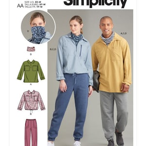 May include: A sewing pattern for a shirt and pants. The pattern includes a neck gaiter. The pattern is for sizes XS-M. The pattern is from Simplicity.