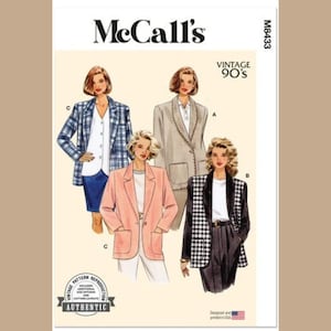 May include: McCall's vintage sewing pattern for 90s blazers. The pattern features illustrations of four different blazer styles in various colors and patterns, including a pink, plaid, and neutral-toned blazer. The pattern includes the word "Authentic".