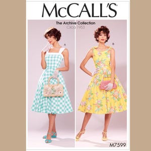 May include: McCall's sewing pattern featuring two vintage dresses. One dress is a mint green and white gingham print, and the other is yellow with a floral pattern. The pattern is from The Archive Collection, Circa 1953, and is labeled M7599.