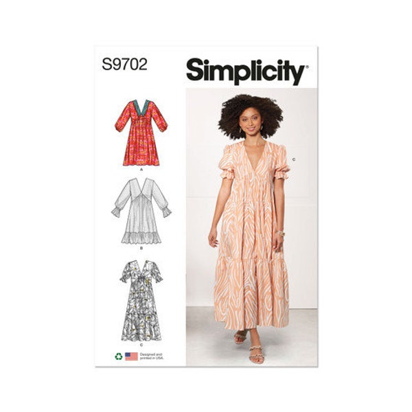 Simplicity S9702 Sewing Pattern, Misses' & Plus Size Empire Waist Dresses, Women's Loose Fitting Deep V-Dress with Long or Short Sleeves