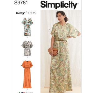 May include: Simplicity sewing pattern S9781, featuring three dress designs. The image shows a woman wearing a long, flowing dress with a botanical print. The pattern includes options for different sleeve styles and lengths. The text "easy-to-sew" is also visible.