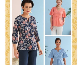 Butterick B6732 Sewing Pattern for Misses Easy to Sew Empire Waist Blouse, Top with V or Slit Neckline ,and Sleeve Variations