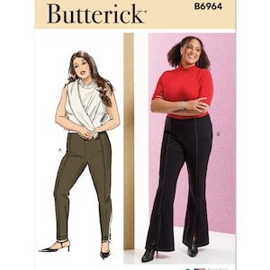 May include: A sewing pattern for pants with two different styles. The pattern is from Butterick and the pattern number is B6964. The image shows two women wearing the pants. One woman is wearing a white top and the other is wearing a red top.