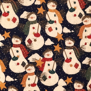 Country Snowmen Cotton Fabric – Navy & Cream Winter Print – Quilting Material by the Yard – Out of Print