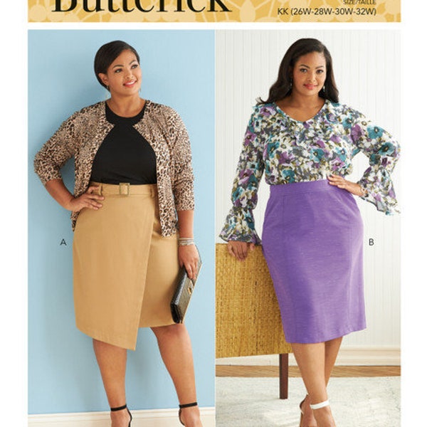 Butterick 6836 Sewing Pattern, Women's Easy to Sew Straight Skirt and Belt, Plus Size Skirt with Front Overlay,