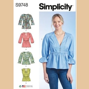 Simplicity S9748 Sewing Pattern for Misses' Pullover Top with Length and Sleeve Variations, Blouse with Deep-V Neckline & Back Ties